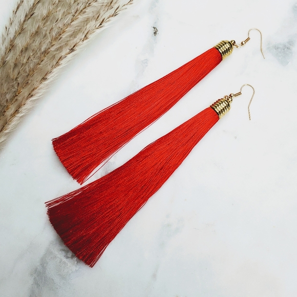 5 for $25 Red Tassel Drop Fringe Earrings - Picture 3 of 5